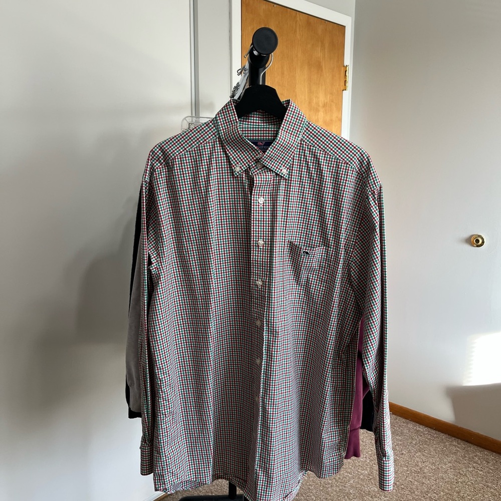 Vineyard Vines Men's Red and Green Checkered Shirt